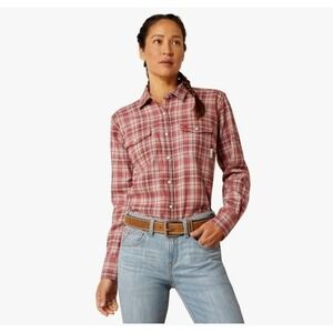 Ariat Womens FR Pearl Snap Plaid Flannel Work Shirt Size XS Pink Gray Cat 2